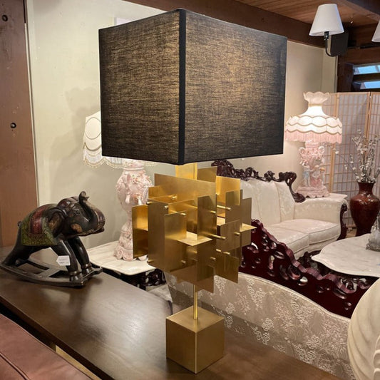 Jonathan Adler Puzzle Bronze Finish Table Lamp w Black Shade AS IS