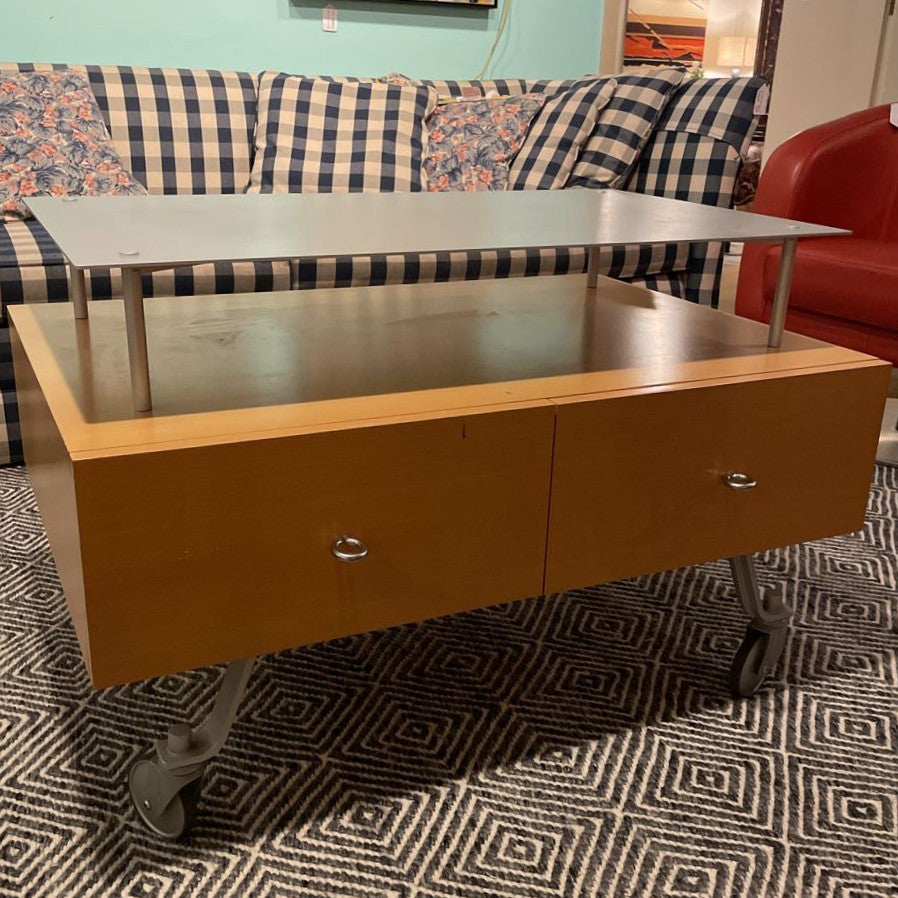 Modern Blondwood & Metal Rolling Media Table