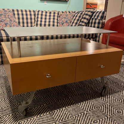 Modern Blondwood & Metal Rolling Media Table