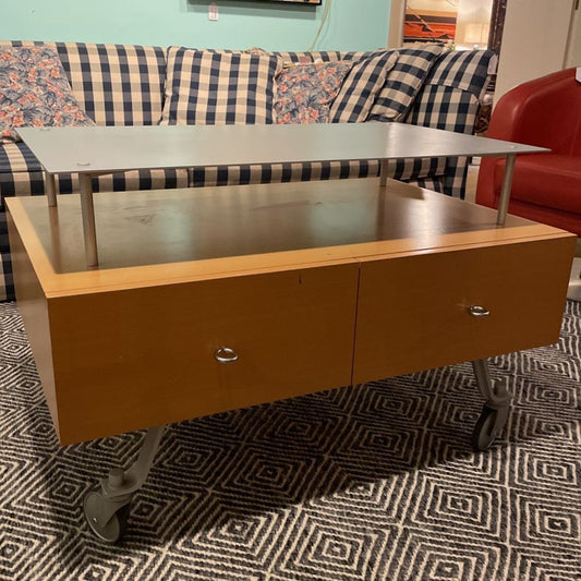 Modern Blondwood & Metal Rolling Media Table