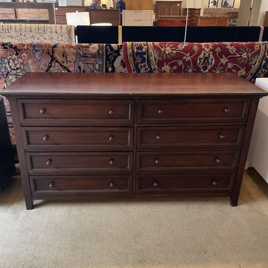 1990's Pottery Barn Dark Wood 8 Drawer Lowboy Dresser