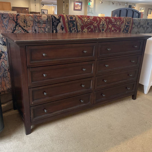 1990's Pottery Barn Dark Wood 8 Drawer Lowboy Dresser