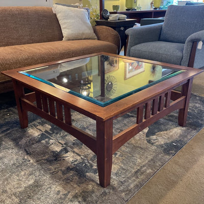 Ethan Allen Glass Top Square Wooden Coffee Table