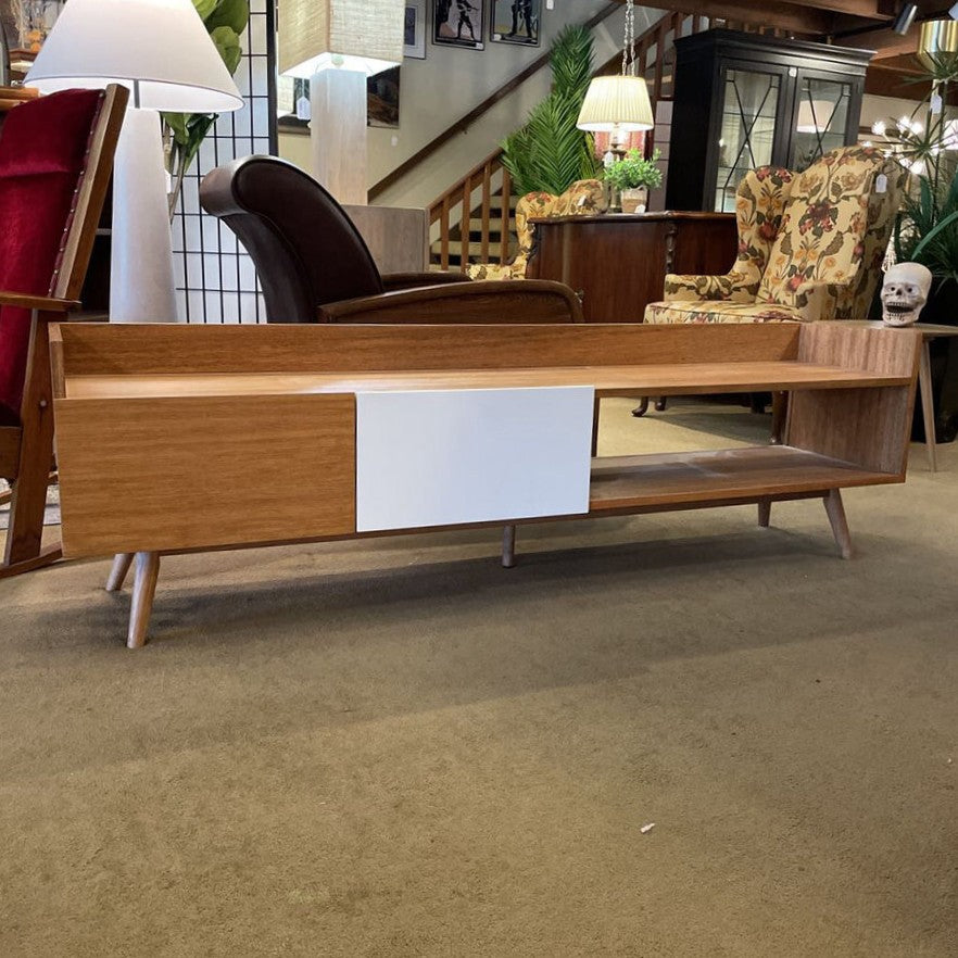 Contemporary Wooden Media Stand with White Drawer AS IS