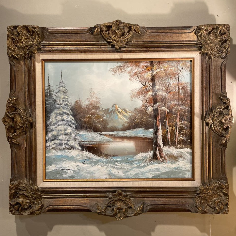 Winter Pondscape Painting in Ornate Frame