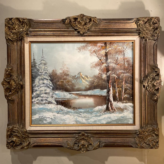 Winter Pondscape Painting in Ornate Frame ART