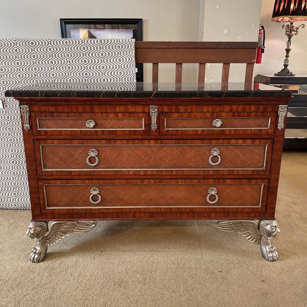 Black Marble Top 6 Drawer Lowboy w/ Woven Shelves + Silver Finish Winged Creature Legs