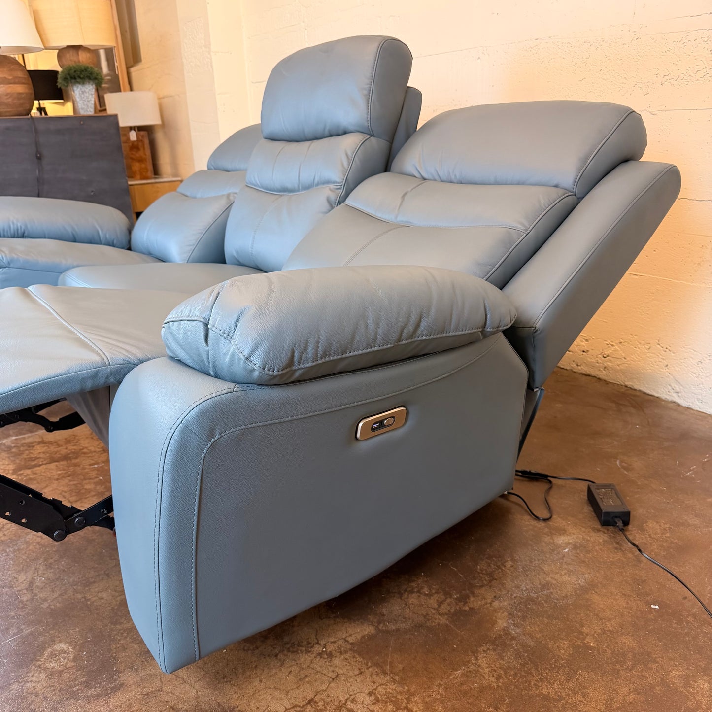 Hancock Leather Power Double Reclining Sofa In Blue U SOFAS