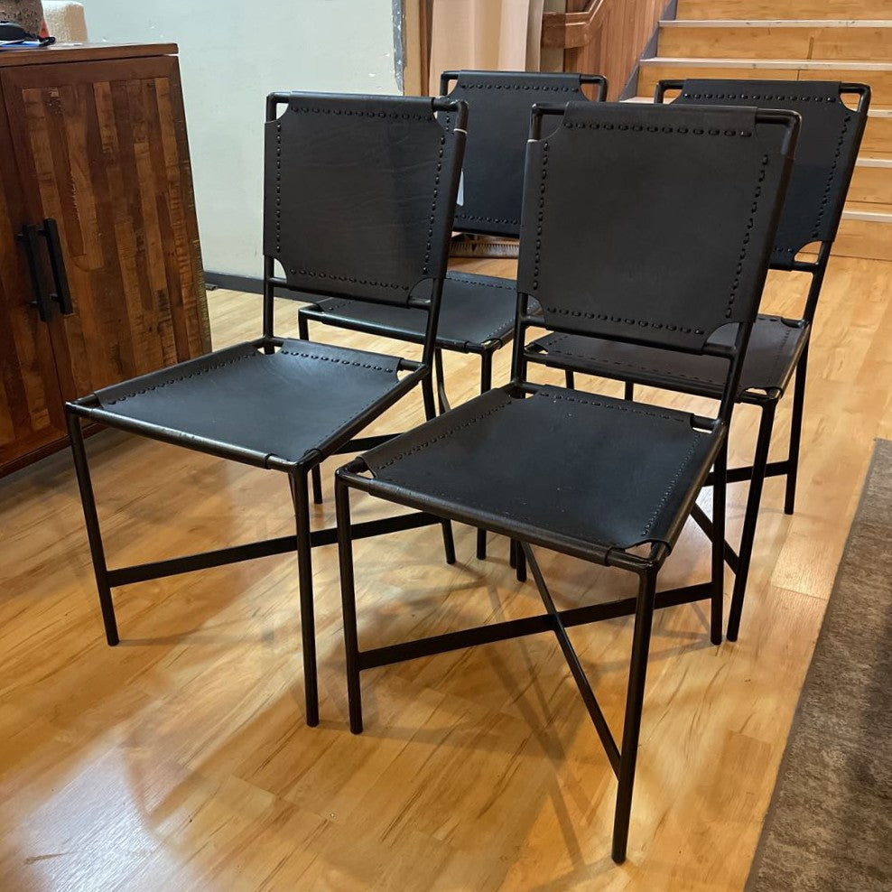 Crate & Barrel Black Leather and Metal Dining Chairs SET of 4 C DINING CHAIRS