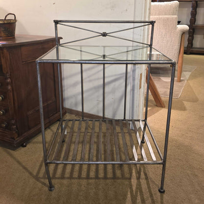 Metal Frame Glass Top Slatted End Table