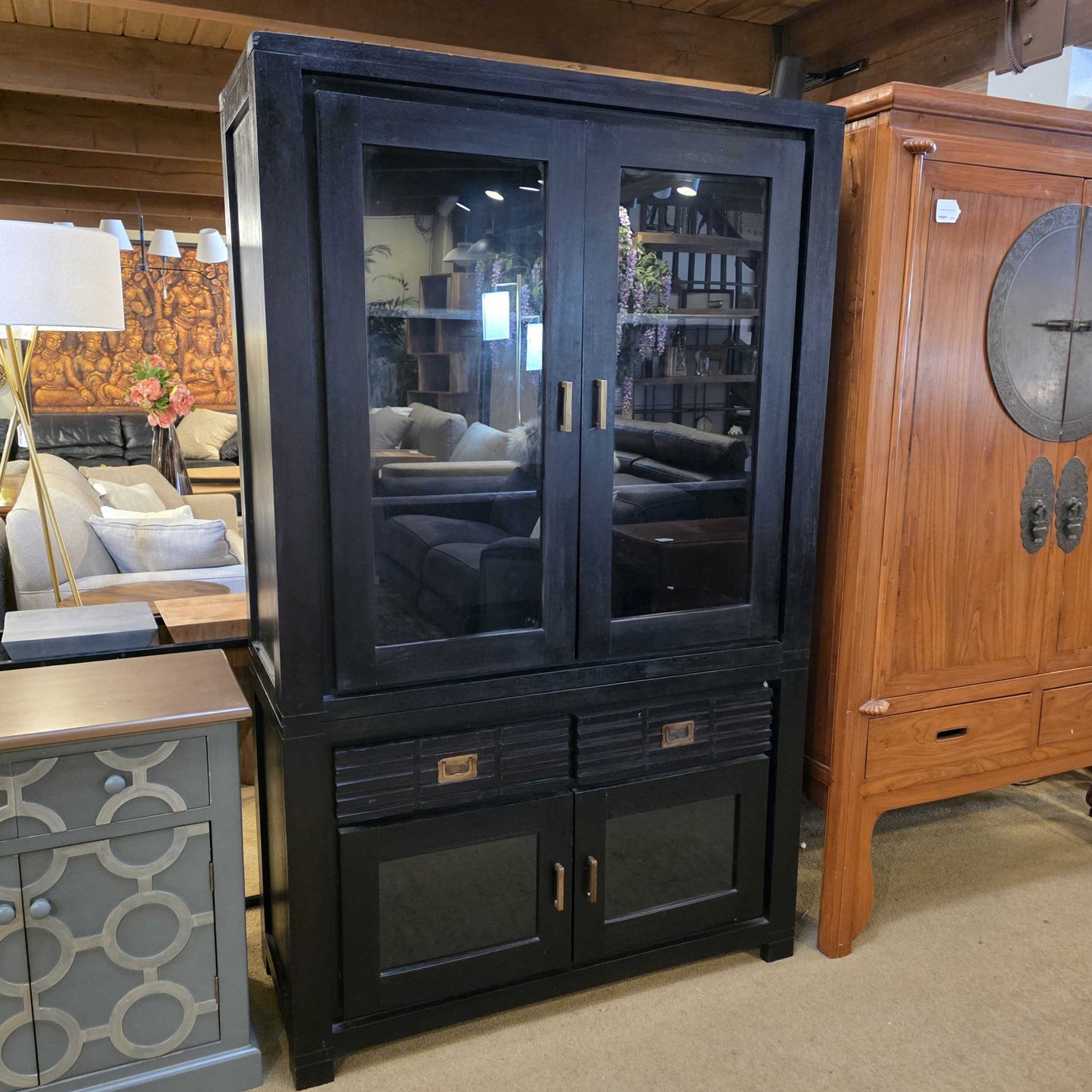 Dark Wood Slatted Drawer and Glass Door Hutch