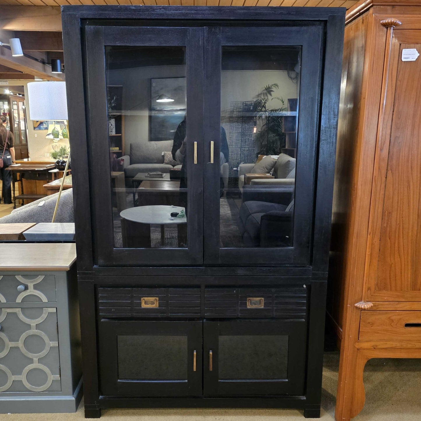 Dark Wood Slatted Drawer and Glass Door Hutch