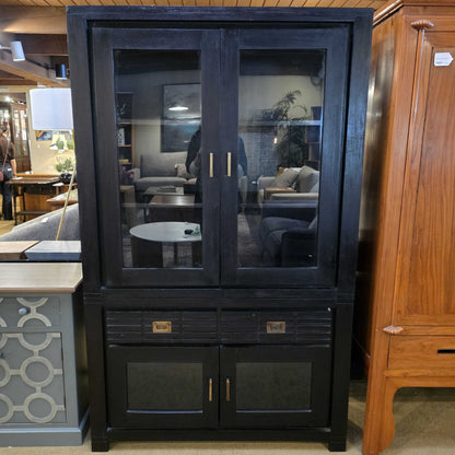 Dark Wood Slatted Drawer and Glass Door Hutch