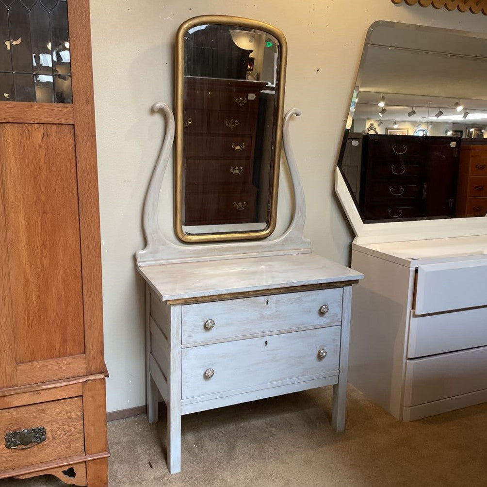 Rustic White Wash 2 Drawer Vanity w/ Gold Swivel Mirror C LOWBOYS