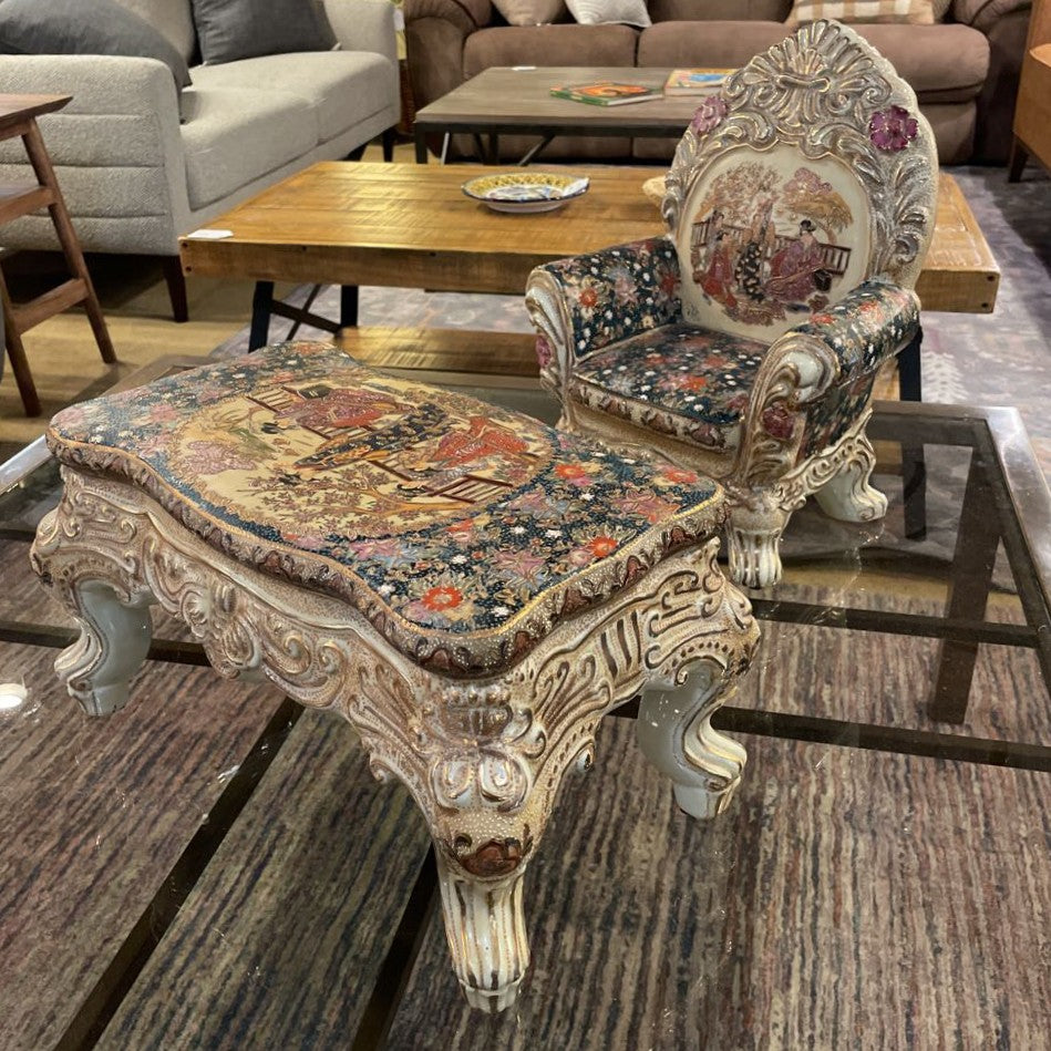 Chinese Ornate / Gold Embellished Ceramic Miniature Chair & Table (BOTH Included)