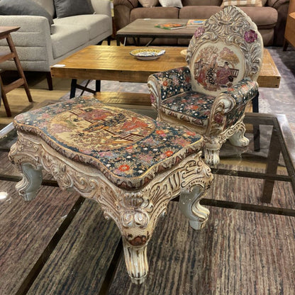 Chinese Ornate / Gold Embellished Ceramic Miniature Chair & Table (BOTH Included)