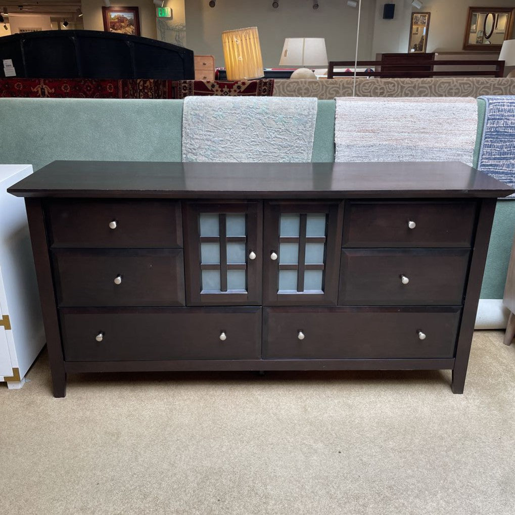 Dark Wood Lowboy Dresser w/ Obscured Glass Doors & 6 Drawers