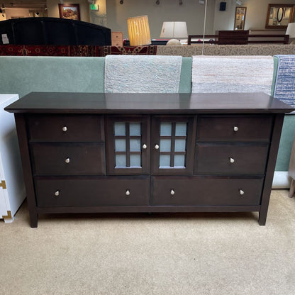 Dark Wood Lowboy Dresser w/ Obscured Glass Doors & 6 Drawers