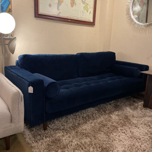 Blue Velvet Tufted Seat Sofa