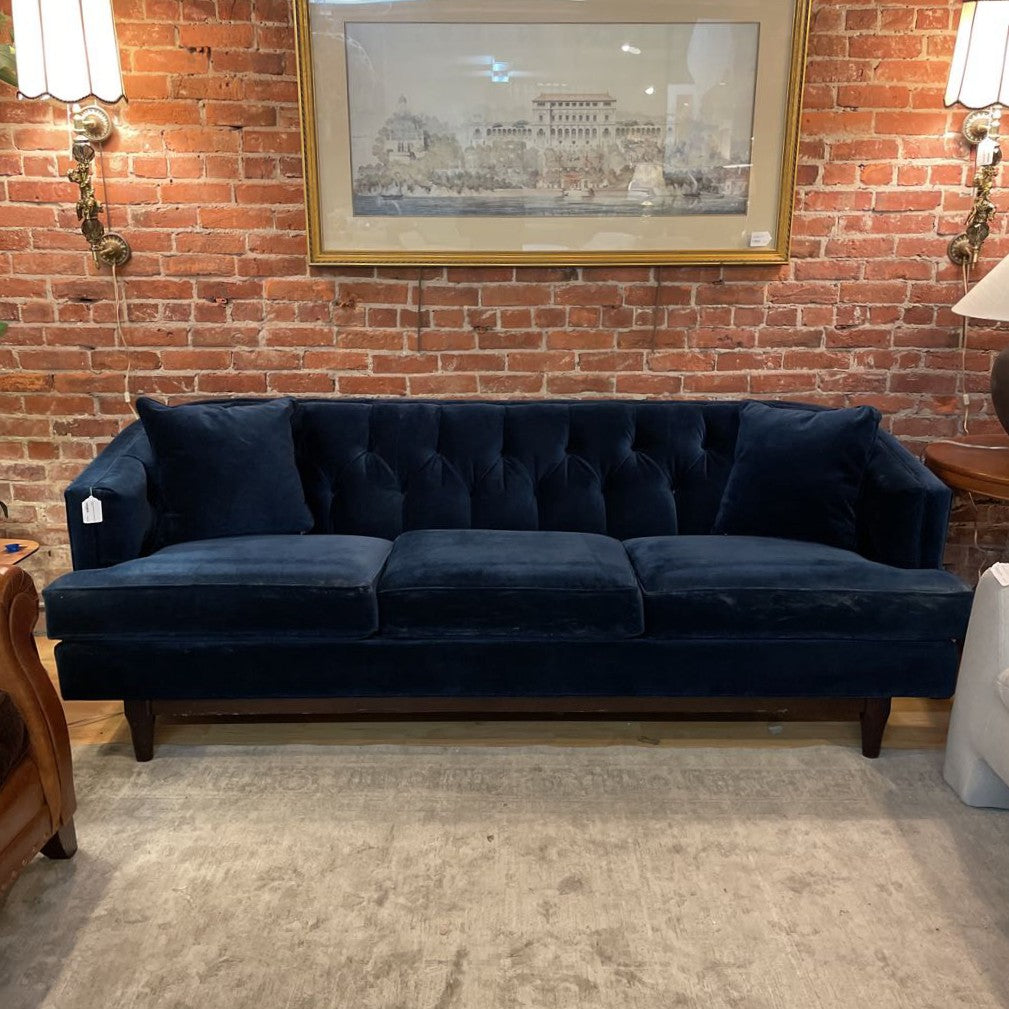 Curved Back Blue Velvet Sofa AS IS U SOFAS