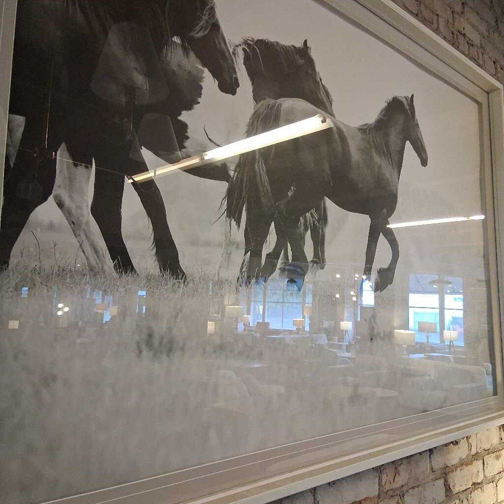 Framed artwork of horses on a wall with a modern interior reflection.