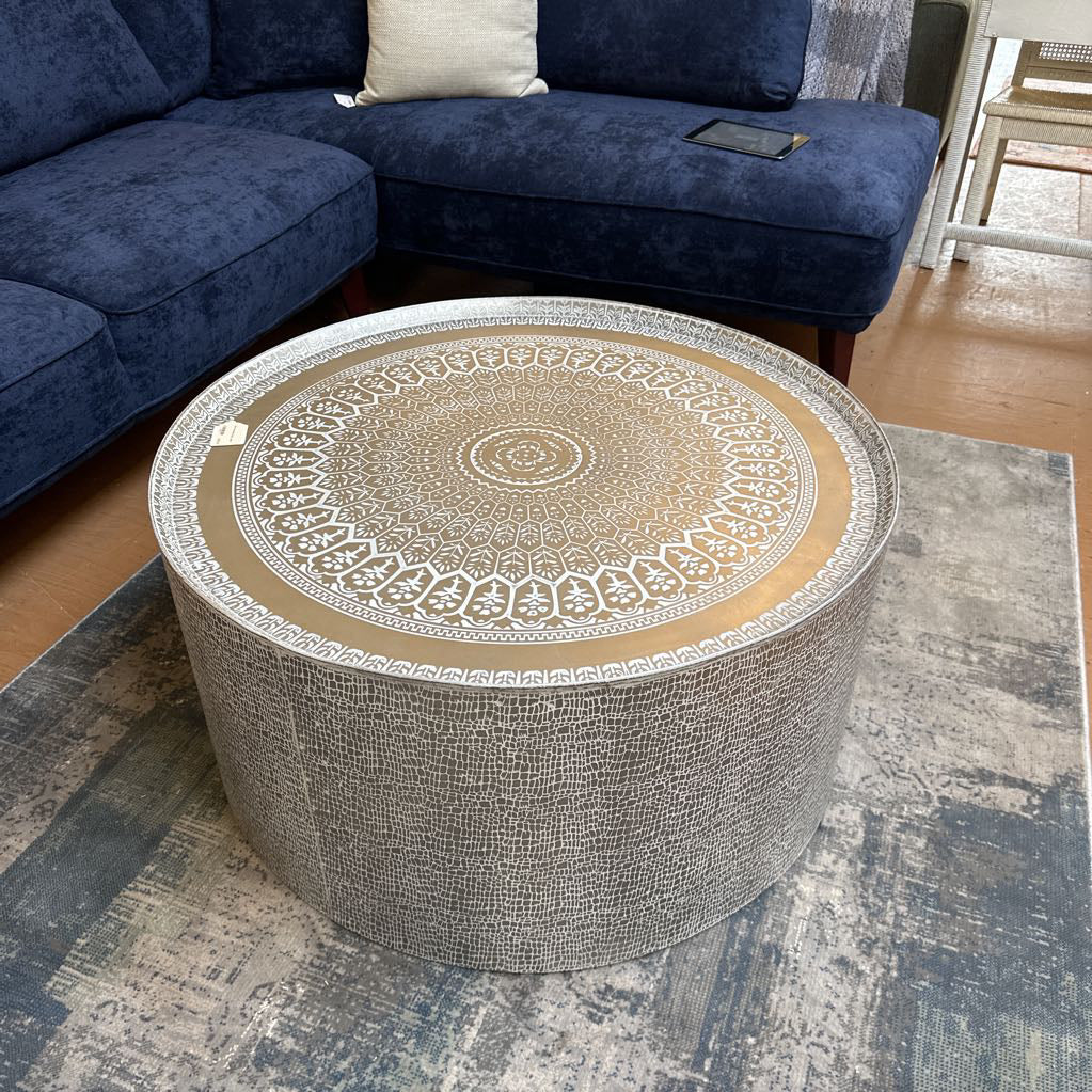 Silver Tone Metal Drum Table C COFFEE TABLES
