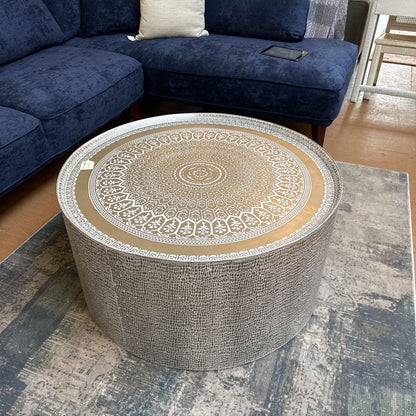 Silver Tone Metal Drum Table C COFFEE TABLES