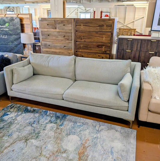 Light gray sofa in a room with wooden furniture and a rug.