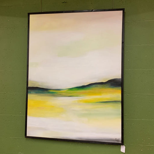 Abstract landscape painting on a green wall