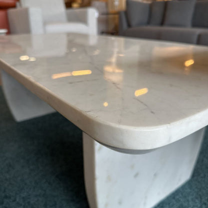 Marble-patterned table in a room with blurred background