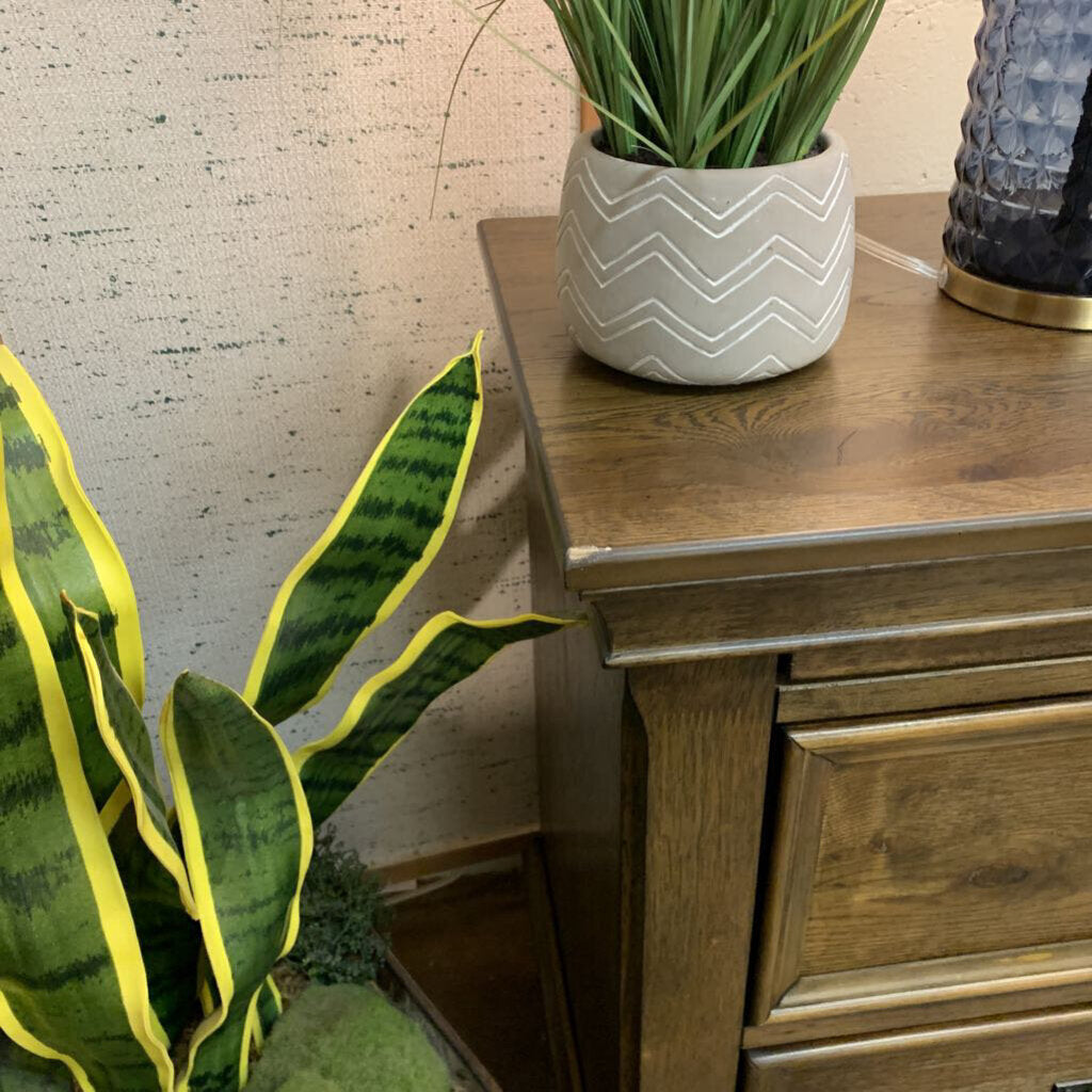 Wooden dresser with a snake plant and a decorative item on top against a textured wall.