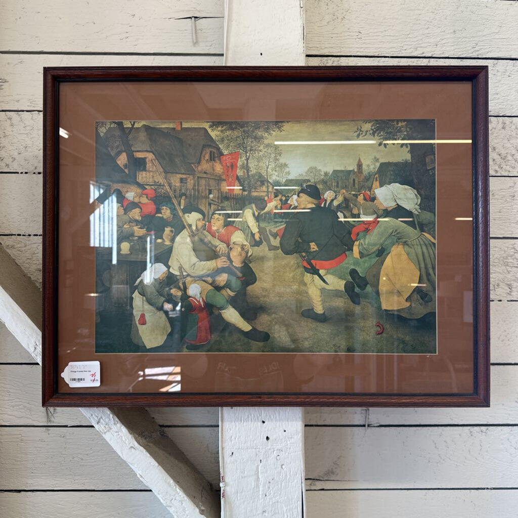 Framed painting of a historical scene with people on a wooden staircase.