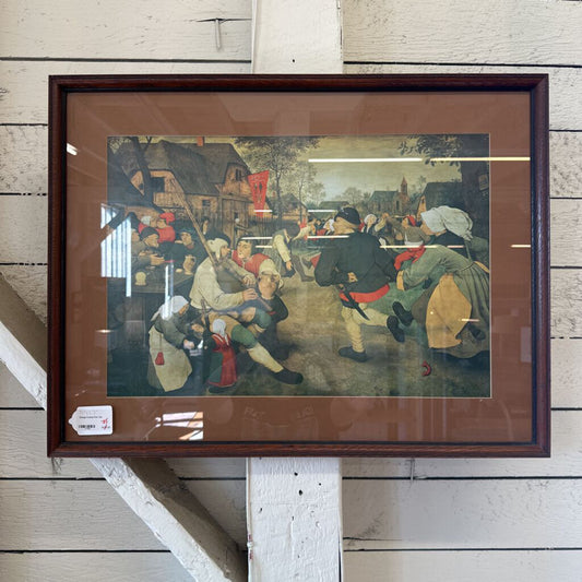 Framed painting of a historical scene with people on a wooden staircase.