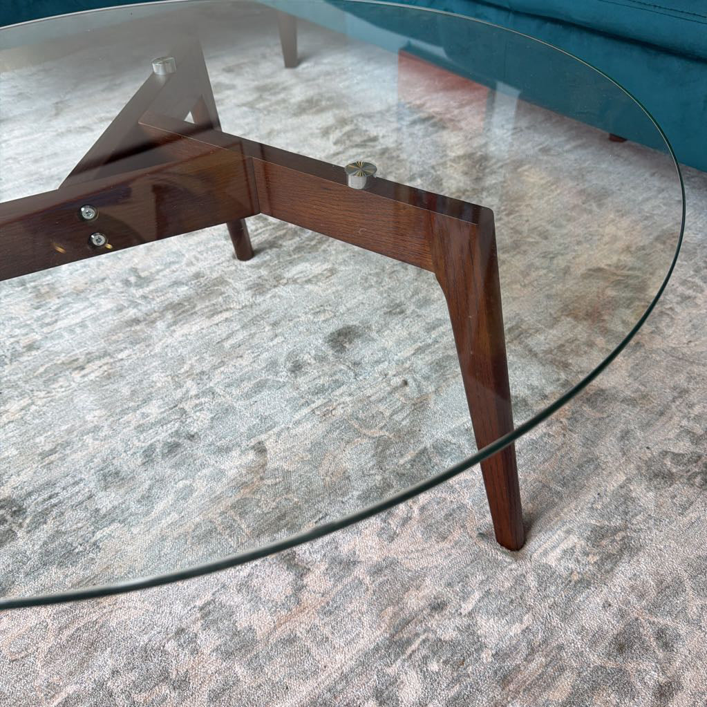 Round Glass Walnut Legs Coffee Table C COFFEE TABLES