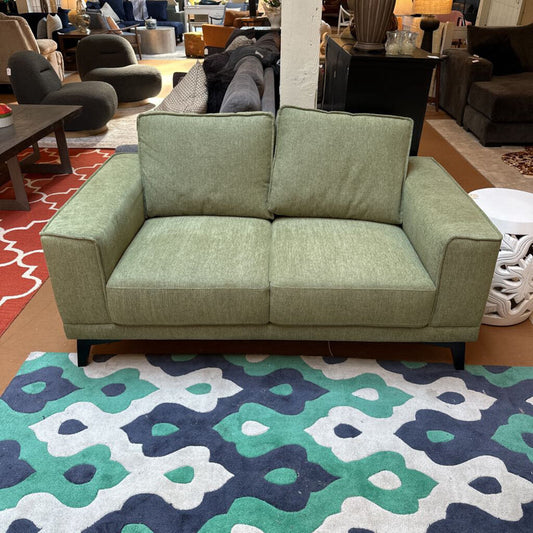 Green sofa in a room with patterned rug and furniture