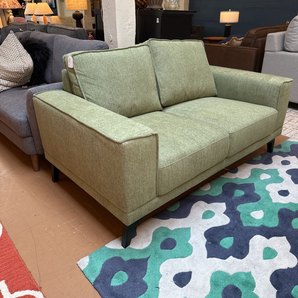 Green sofa in a room with patterned rug and other furniture