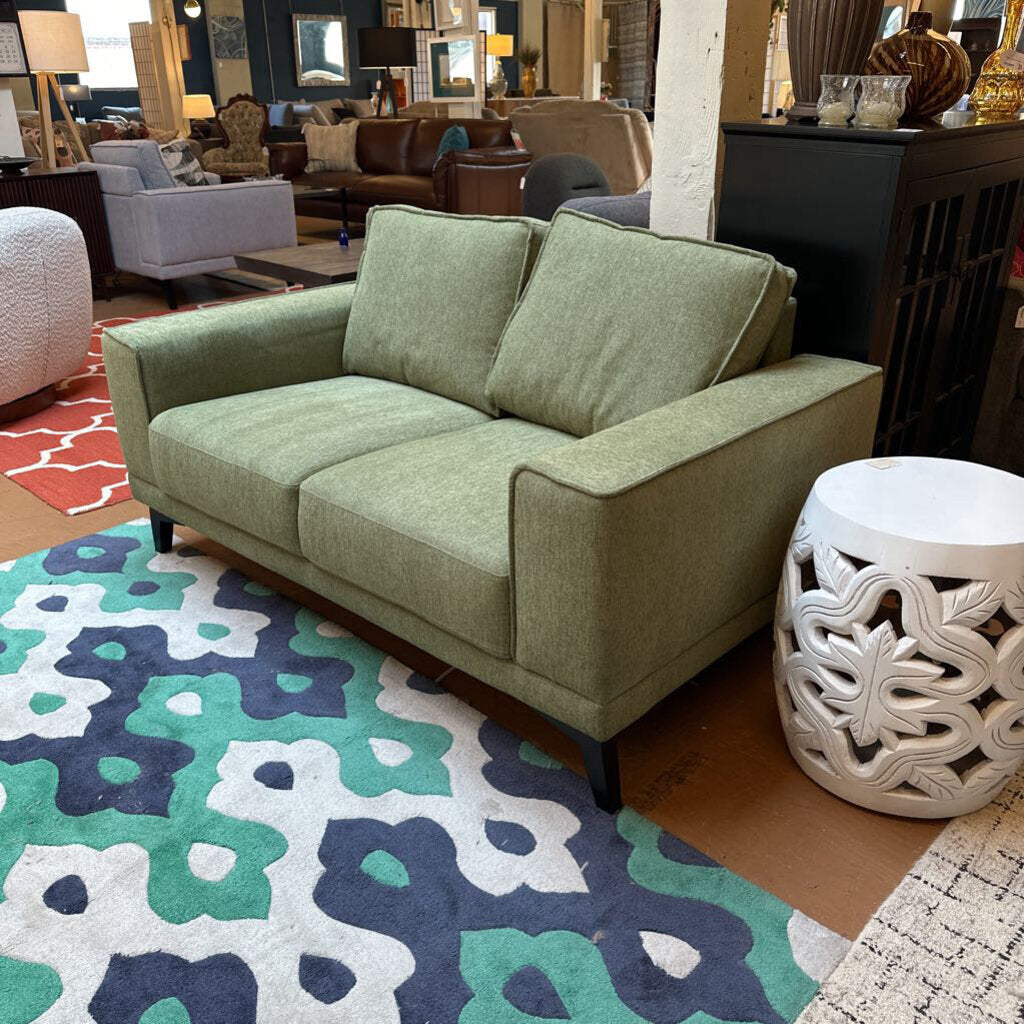Green sofa in a room with a colorful rug and decorative items.