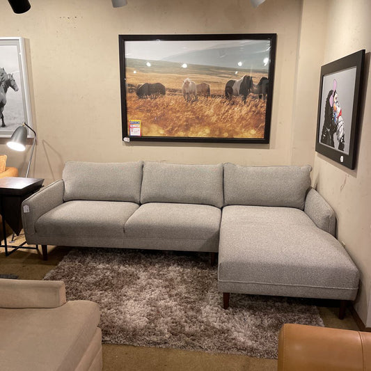 Gray sectional sofa in a living room with framed pictures on the wall.