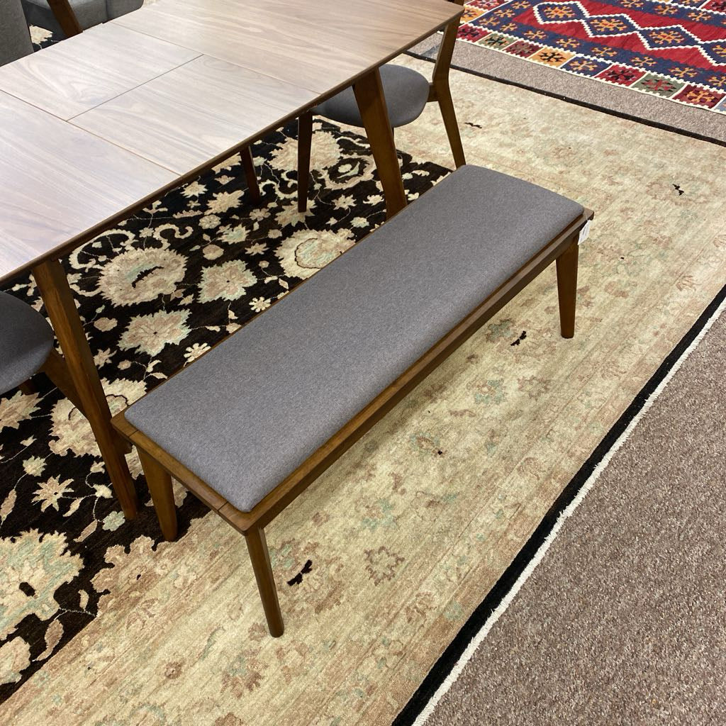 Grey Upholstered Bench with Walnut Wood Base – Modern Dining or Entryway Bench