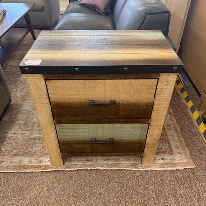 Pacific Two-Drawer Nightstand – Rustic Wood Bedside Table with Metal Accents