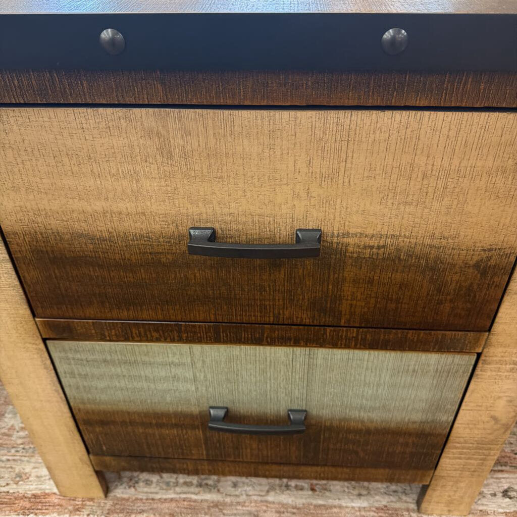 Pacific Two-Drawer Nightstand – Rustic Wood Bedside Table with Metal Accents