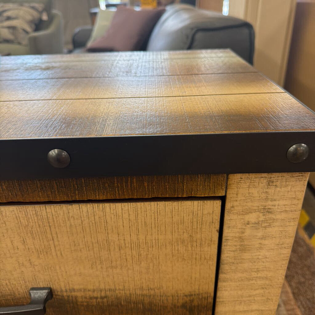 Pacific Two-Drawer Nightstand – Rustic Wood Bedside Table with Metal Accents