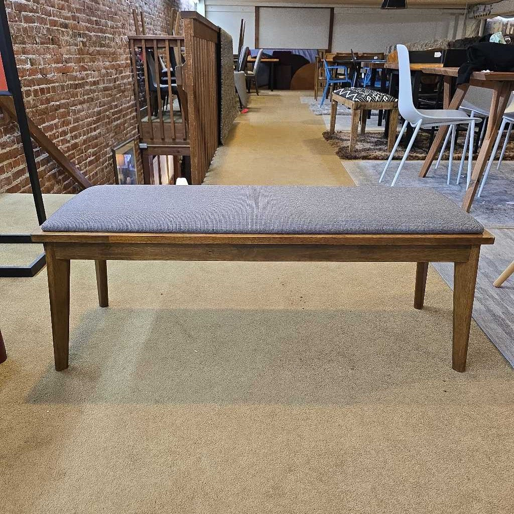 Grey Upholstered Bench with Walnut Wood Base – Modern Dining or Entryway Bench