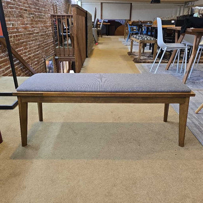 Grey Upholstered Bench with Walnut Wood Base – Modern Dining or Entryway Bench