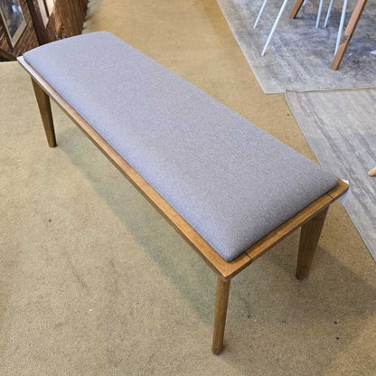 Grey Upholstered Bench with Walnut Wood Base – Modern Dining or Entryway Bench