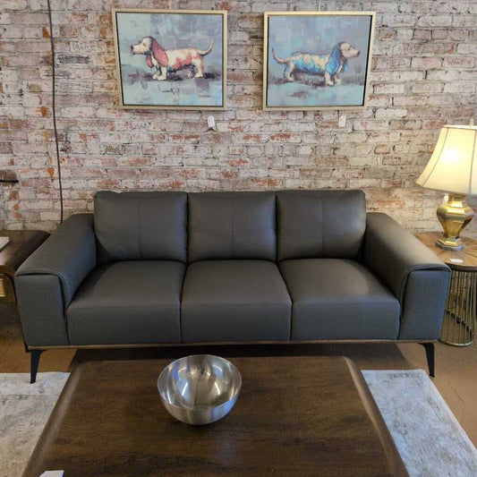 Gray sofa in a living room with brick wall and dog paintings