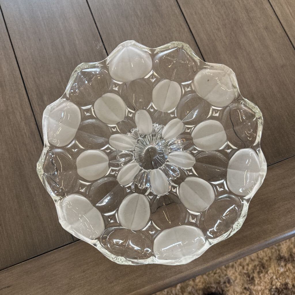 Decorative glass bowl with a floral design on a wooden surface