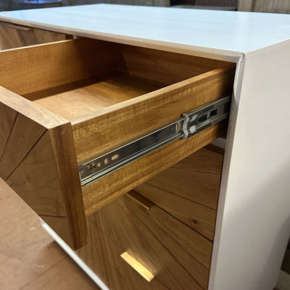 Wooden drawer with metal slide mechanism in an open position