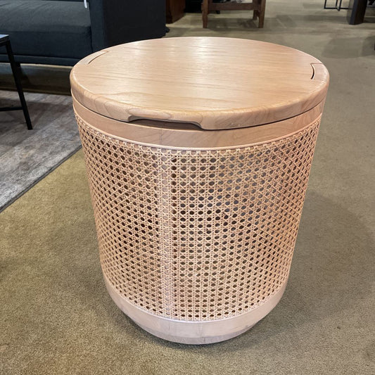 Round Blonde Cane Sides Table w Storage