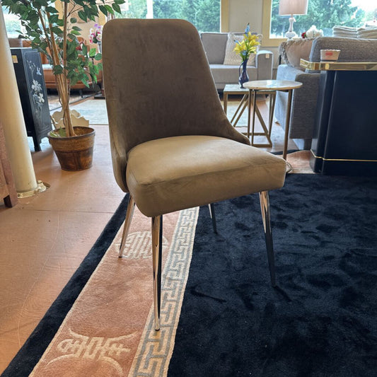 Beige chair in a room with a rug and plants